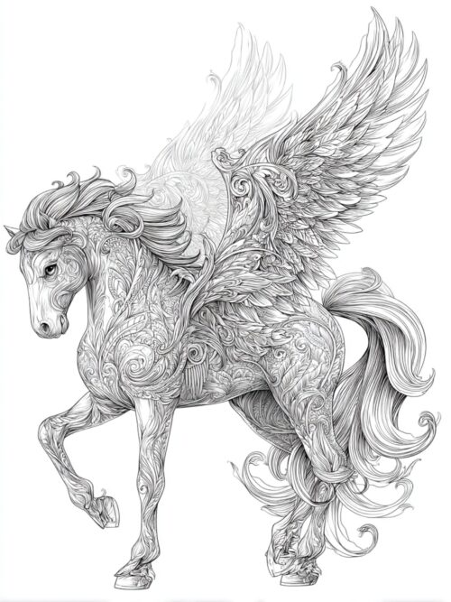 Wingspiral, Pegasus coloring, fantasy horse art, winged horse print, ornate horse line art, mythic horse sketch, detailed horse art, JPGs