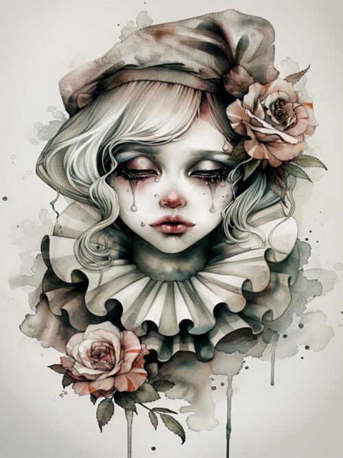 Pierrot, gothic doll, sad clown, vintage ruffles, floral headpiece, pastel tones, crying makeup, baroque fashion, melancholic art