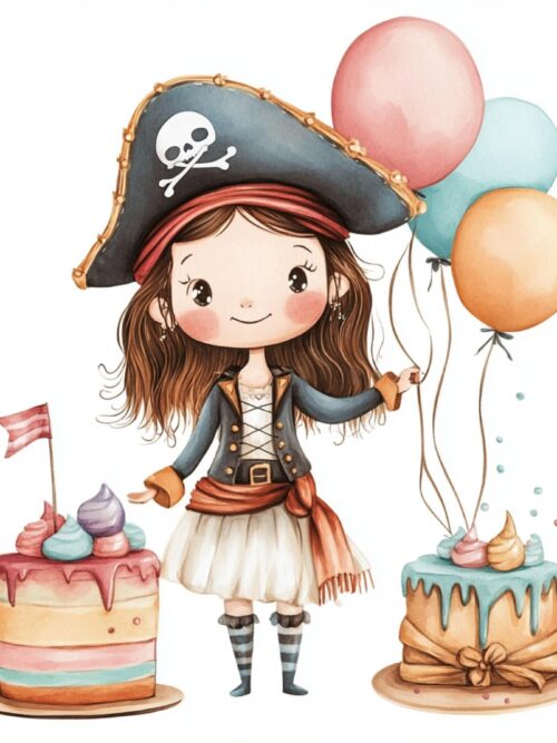 Pirate Girl, Birthday Pirate, Cake and Balloons, Pirate Party Art, Kids Pirate Theme, Cute Pirate Girl, Girl with Balloons, Birthday Clipart