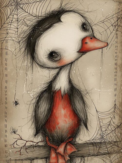 gothic duckling, creepy duck art, red coat duck, halloween wall, spooky decor, dark cute art, stitched duck,  eerie duck, haunted animals