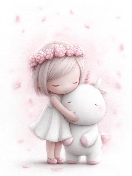 cute girl art, unicorn hug, pastel artwork, kawaii decor, fantasy animal, pastel wall art, girly unicorn, sweet illustration, unicorn art