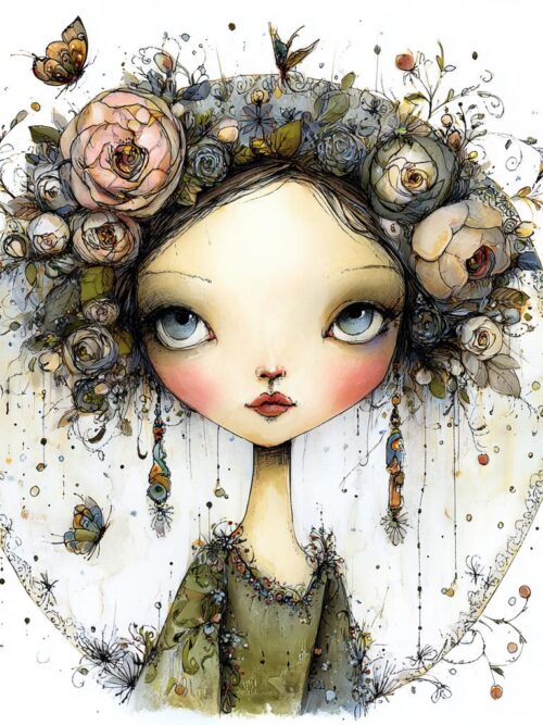 Lizzie, fantasy art, flower crown, whimsical girl, dreamy portrait, fairy tale style, enchanted beauty, magical flowers, ethereal charm,
