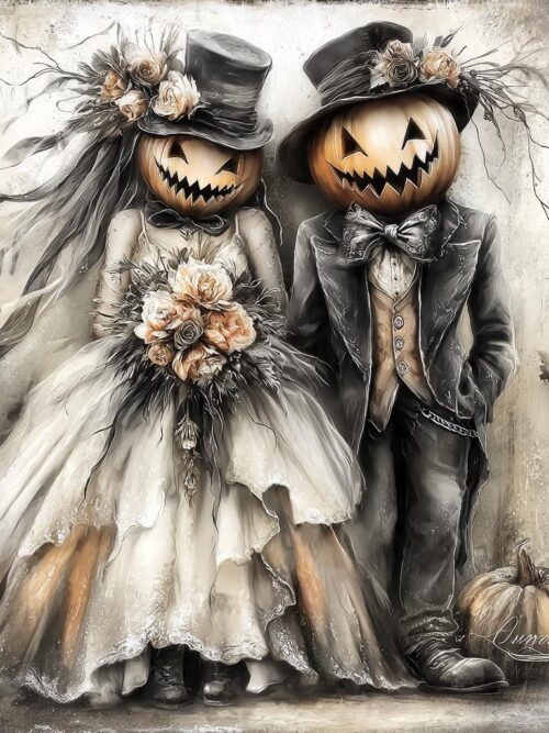halloween couple, gothic wedding, spooky bride, pumpkin groom, skeleton love, dark romance, eerie vows, haunted marriage, creepy wedding