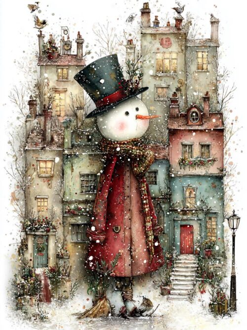 Christmas snowman, winter village, holiday decor, snowy town, festive scene, cozy houses, vintage christmas, winter art, holiday street