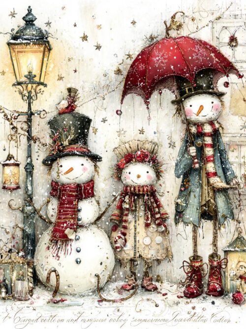 christmas snowman, winter couple, snowy town, festive street, holiday friends, cozy winter, snow family, vintage christmas, holiday art