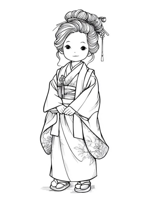 Cute Kimono Girl Line Art Set