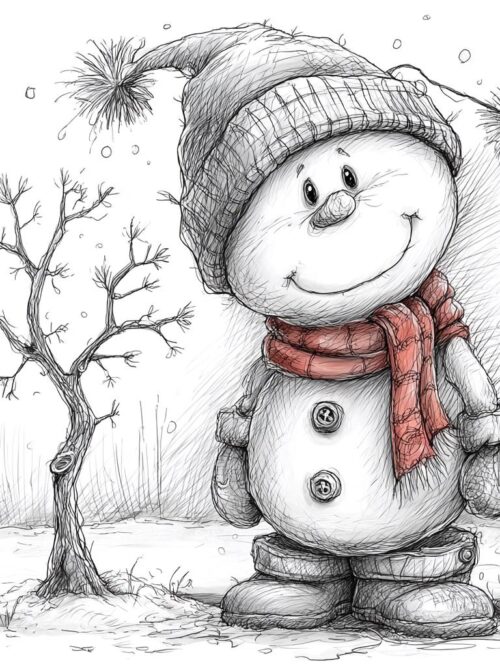 Whimsical Snowman With Red Scarf – Cozy Winter Art Print, Christmas Home Decor, Cute Snowman Illustration For Holiday Wall Art