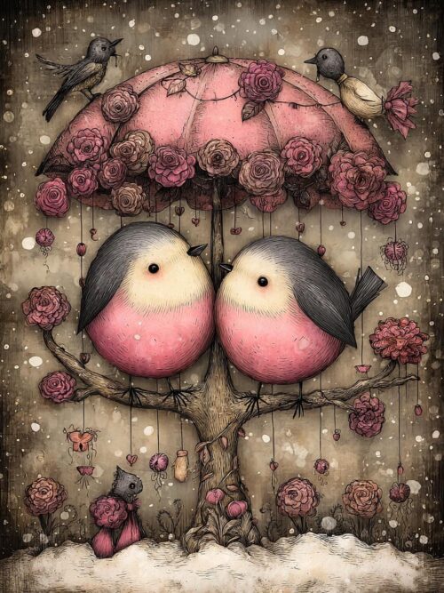 Gothic Winter Love, Whimsical Birds and Bunny Family Art, Vintage Storybook Scene, Moody Romance, Pink and Sepia Clipart Set