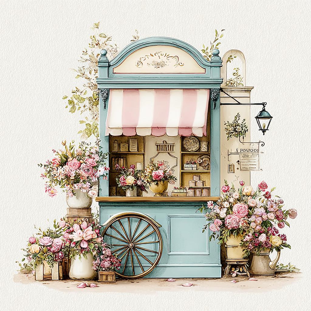 Little Boho Flower Cart PNG Set, Vintage Floral Market Clipart, Shabby Chic Flower Shop, Pastel Cottage Cart, Romantic Garden Decor - Image 2