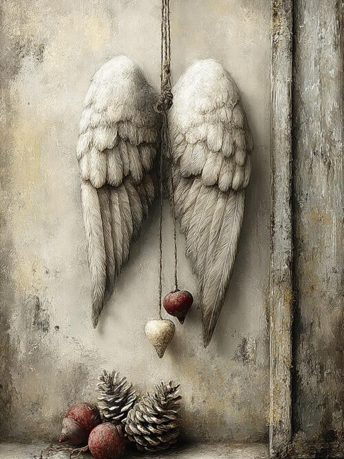 Gothic Angel Wings, Rustic Christmas Art, Shabby Chic Wings, Pinecone Decor, Winter Wall Art, Feathered Wings, Antique Style, PNG