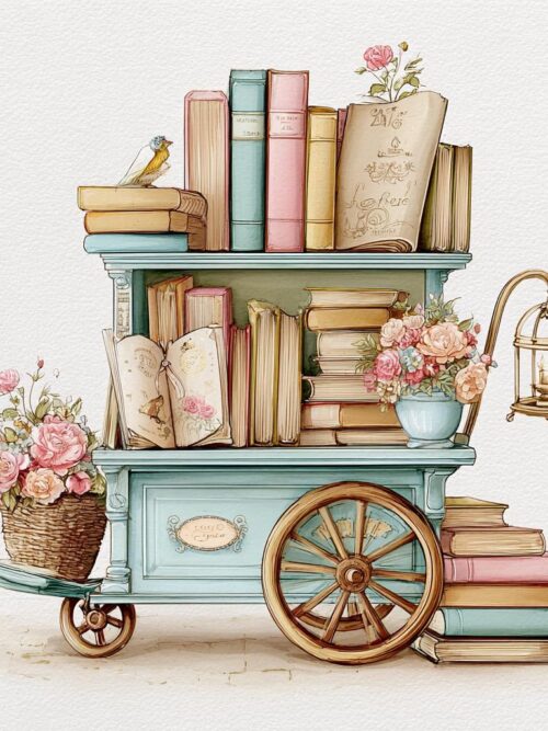 Vintage Book Cart PNG Set, Shabby Chic Library Clipart, Pastel Book Trolley with Florals, Romantic Reading Nook Art, French Cottage Decor