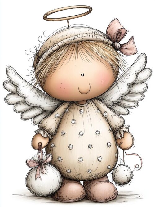 Sweet Angel Illustration, Gentle Pastel Angel with Halo and Stars, Whimsical Christmas Art