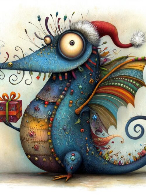 whimsical dragon, quirky dragon, santa dragon, cute monster, festive beast, xmas dragon art, holiday dragon, funny creature, christmas wings