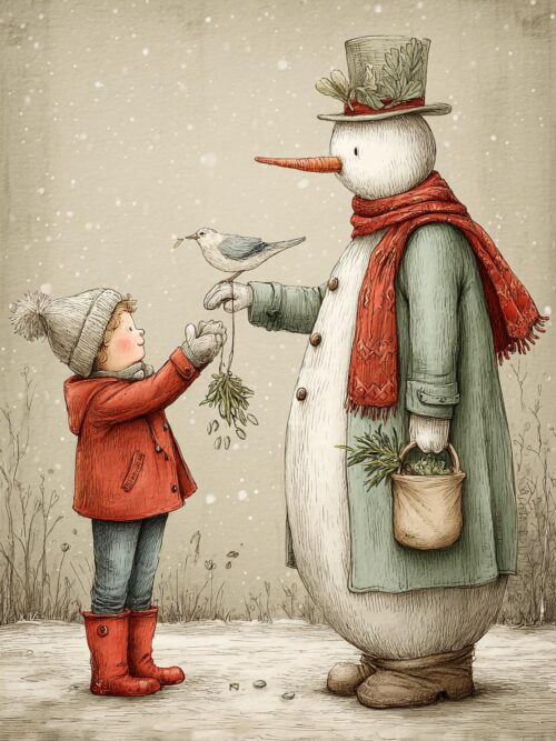 Christmas snowman, winter child, holiday bird, snowy friend, festive art, cozy winter, snow scene, vintage christmas, woodland holiday
