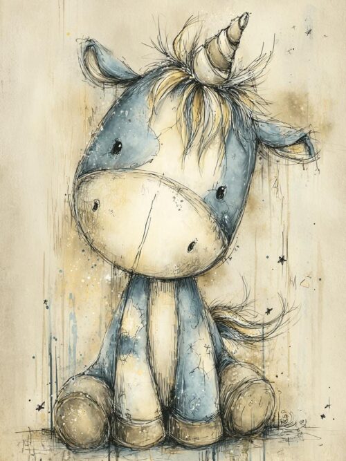 goth unicorn, spooky plush, blue unicorn, creepy cute, soft toy art, moody nursery, stitched doll, eerie decor, fantasy toy