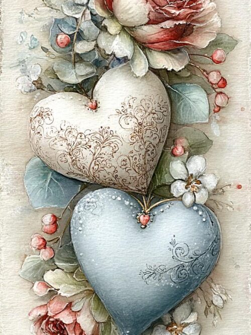 Filigree Heart Clipart, Blue And Blush Floral Heart Art, Eucalyptus Bouquet Design, Vintage Valentine Elements, Romantic Hanging Hearts