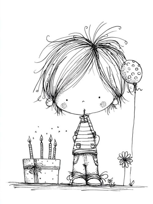 Hand Drawn Birthday Boy CLIPART, Whimsical Sketch Child Illustration, Black And White Celebration Art, Storybook Line Style