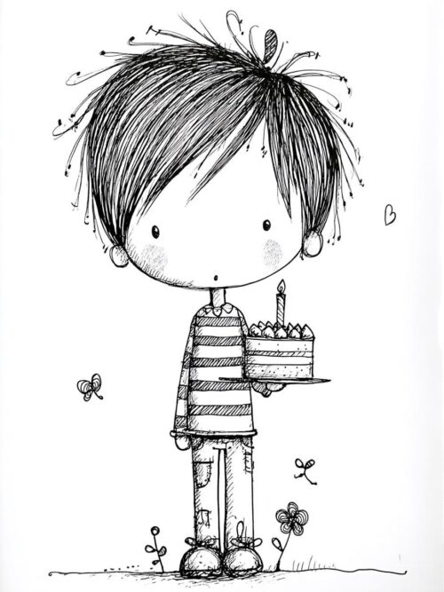 Whimsical Birthday Boys CLIPART, Hand Drawn Ink Children With Cake And Gifts, Storybook Style Illustration Set