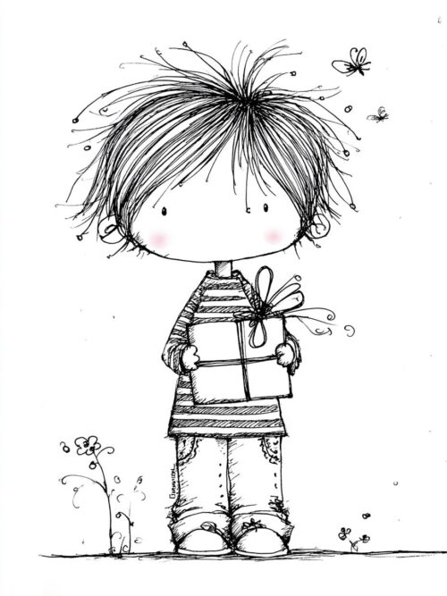 Birthday Boy CLIPART, Hand Drawn Ink Sketch Children, Whimsical Birthday Illustration, Party Cake Gift Art, Storybook Line Drawing