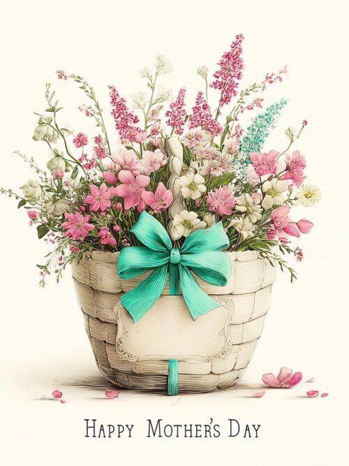 Mother’s Day Flowers CLIPART, Vintage Floral Basket Illustration, Pastel Spring Bouquet Design, Gift Tag Garden Art