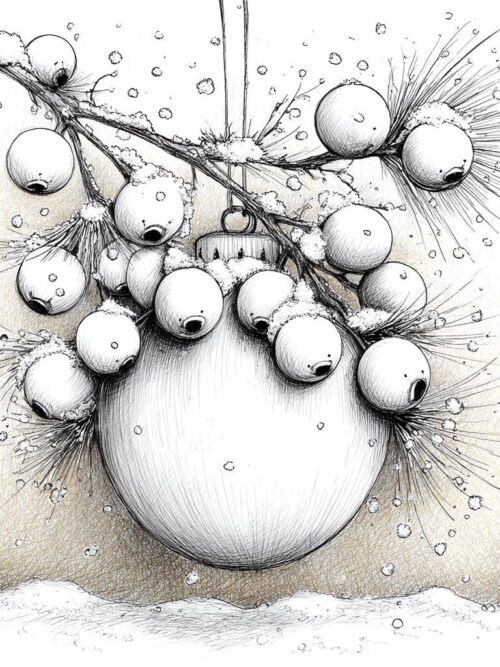 Christmas Baubles CLIPART, Winter Sketch Ornament Set, Snowy Berry Illustration, Rustic Pencil Style, Minimal Holiday Clipart Pack