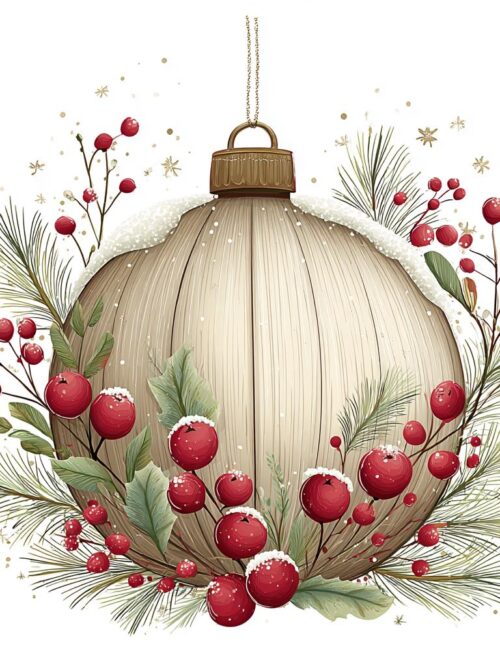 Christmas Baubles CLIPART, Botanical Ornament Set, Winter Berry Decor, Rustic Wood Ornament, Festive Holiday Clipart Pack