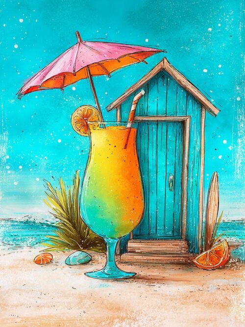 Rainbow Cocktail CLIPART, Tropical Beach Drinks, Printable Coastal Wall Art, Vibrant Summer Art, Colorful Seaside Scenes A3 A4 A5 3:4