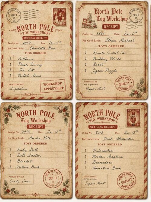 North Pole Toy Workshop Receipts CLIPART, Vintage Christmas Ephemera, Santa Workshop Papers, Holiday Journal Pages