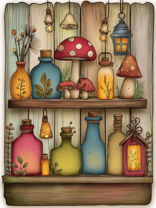 Fairy Apothecary CLIPART, Potion Shelf Decor, Glowing Bottle Art, Cottagecore Mushroom Shelf, Whimsical Potion Shop