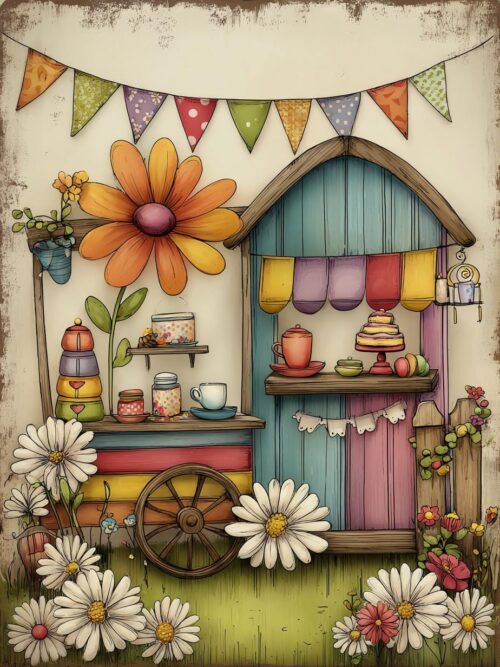 Fairy Tea Stall CLIPART, Cottagecore Tea Party, Whimsical Cake Cart, Daisy Tea Market, Pastel Bakery Stand Art