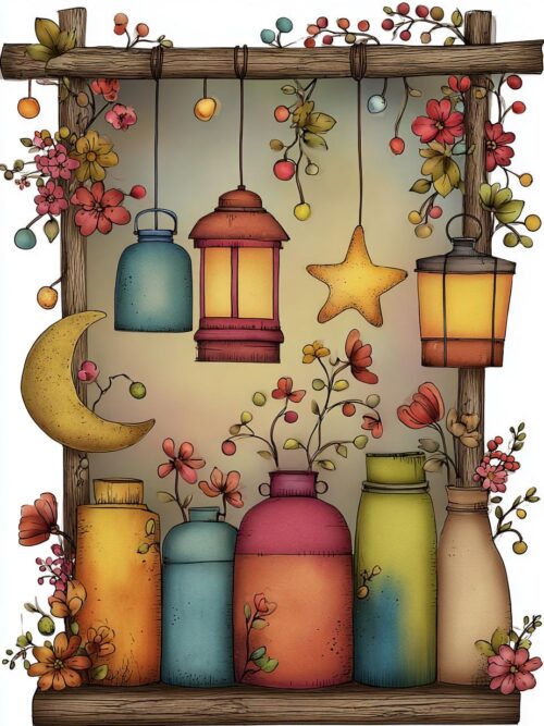 Fairy Lantern Stall CLIPART, Whimsical Moon Lanterns, Cottagecore Night Market, Glowing Jar Decor, Storybook Lights