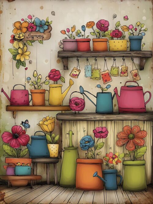 Fairy Garden Stall CLIPART, Cottagecore Flower Market, Watering Can Florals, Rustic Potting Shed, Whimsical Garden Decor