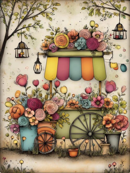 Fairy Flower Cart CLIPART, Whimsical Floral Wagon, Cottagecore Market Stall, Lantern Garden Art, Spring Bloom Clipart