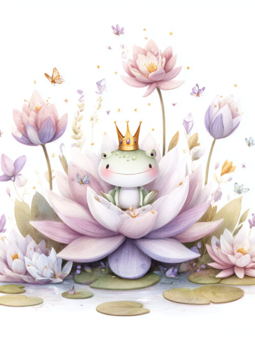 frog prince, crown frog, lotus frog, frog in bloom, lily pad art, pond frog, fairy frog, flower frog, frog print, fairy toad, jpg images