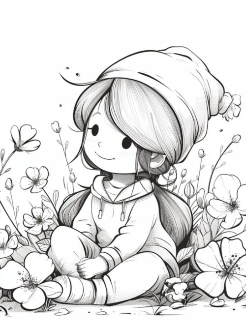 Kids Coloring, Flower Girl Art, Calm Kids Page, Nature Drawing, Sweet Girl Line, Black White Art, Toddler Sketch, Girl in Flowers,