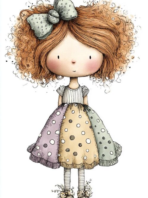 Polka Dot Girl, Whimsical Girl, Curly Hair Art, Patchwork Dress, Pastel Balloons, Floral Dress, Cute Girl Clipart, Vintage Doll, Big Bow