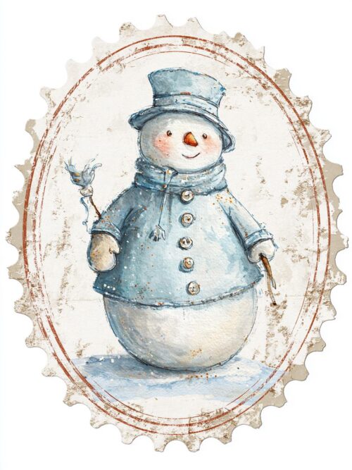 vintage snowman, snowman stamp, winter postage, christmas art, festive mail, retro snow art, holiday stamp, snowy decor, postal winter
