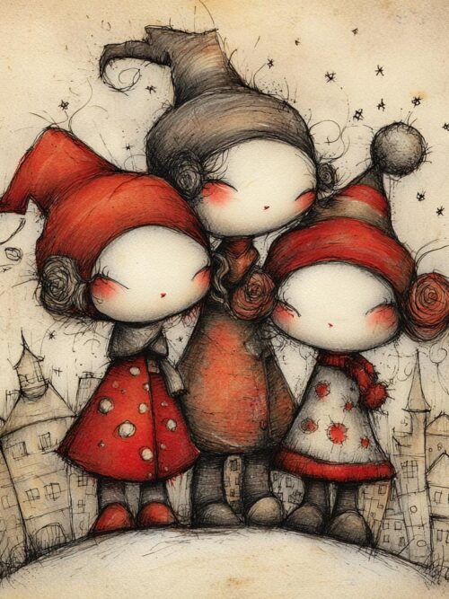 Quirky Elves, Red Hat, Snow Scene, Gothic Cute, Festive Friends, Top Hat, Winter Wonderland, Cosy Coats, Holiday Smiles