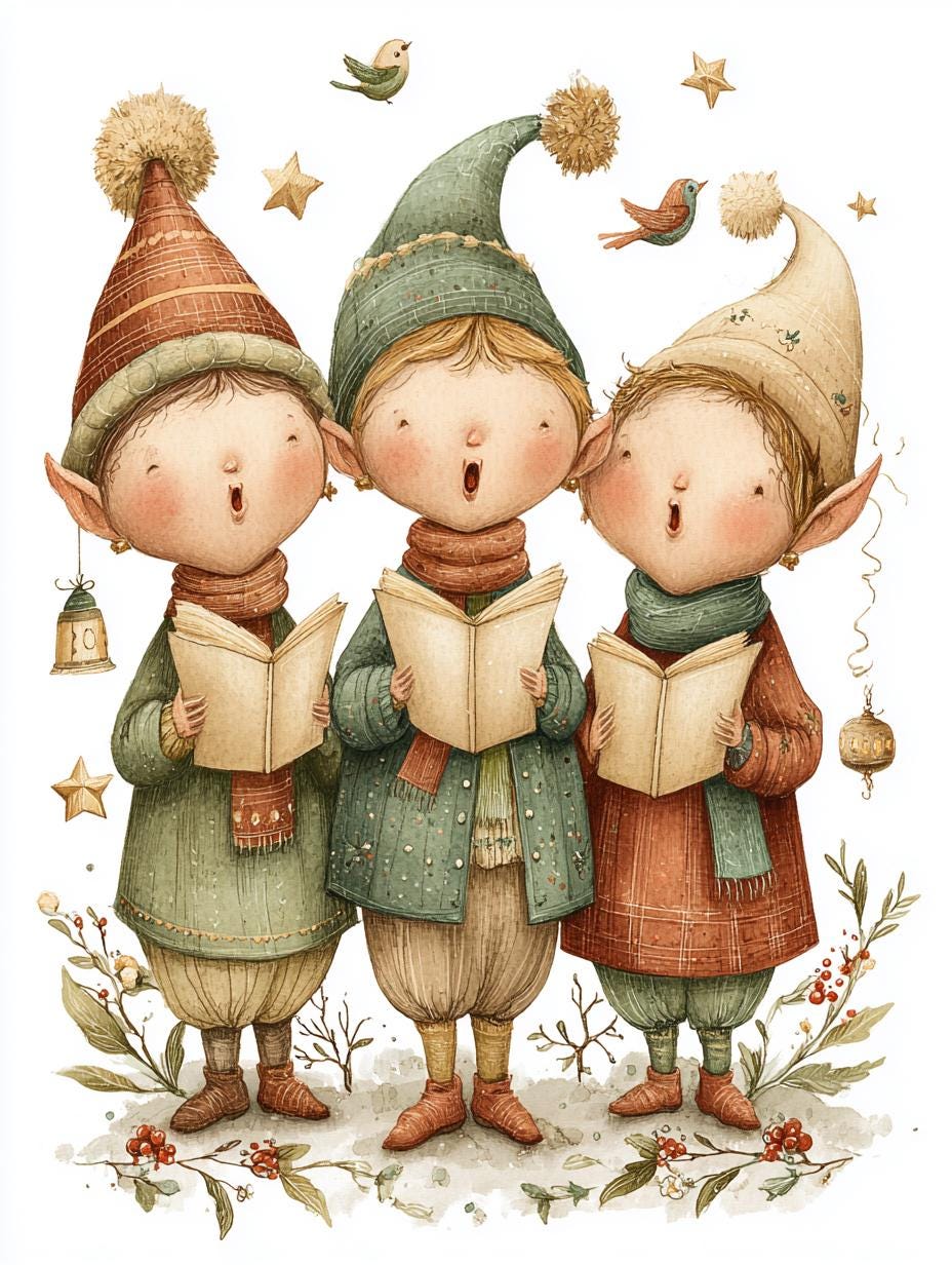 Heavenly Voices, Singing Elves, Christmas Carolers, Whimsical Elf Art, Festive Illustration, Holiday Magic, Winter Joy, PNG Set - Image 2