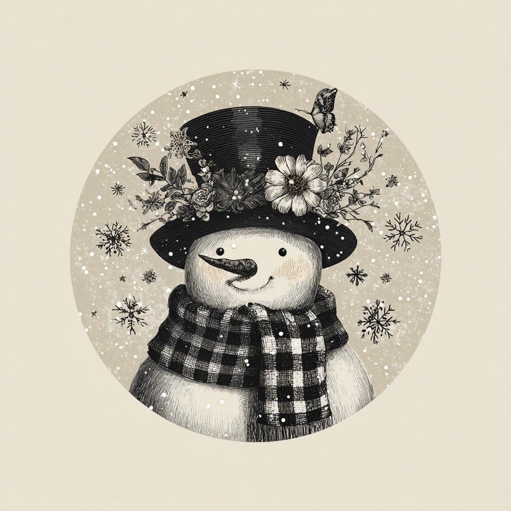 Elegant Snowman PNG Set, Black and White Winter Clipart, Vintage Holiday Illustration, Floral Top Hat Snowman Art