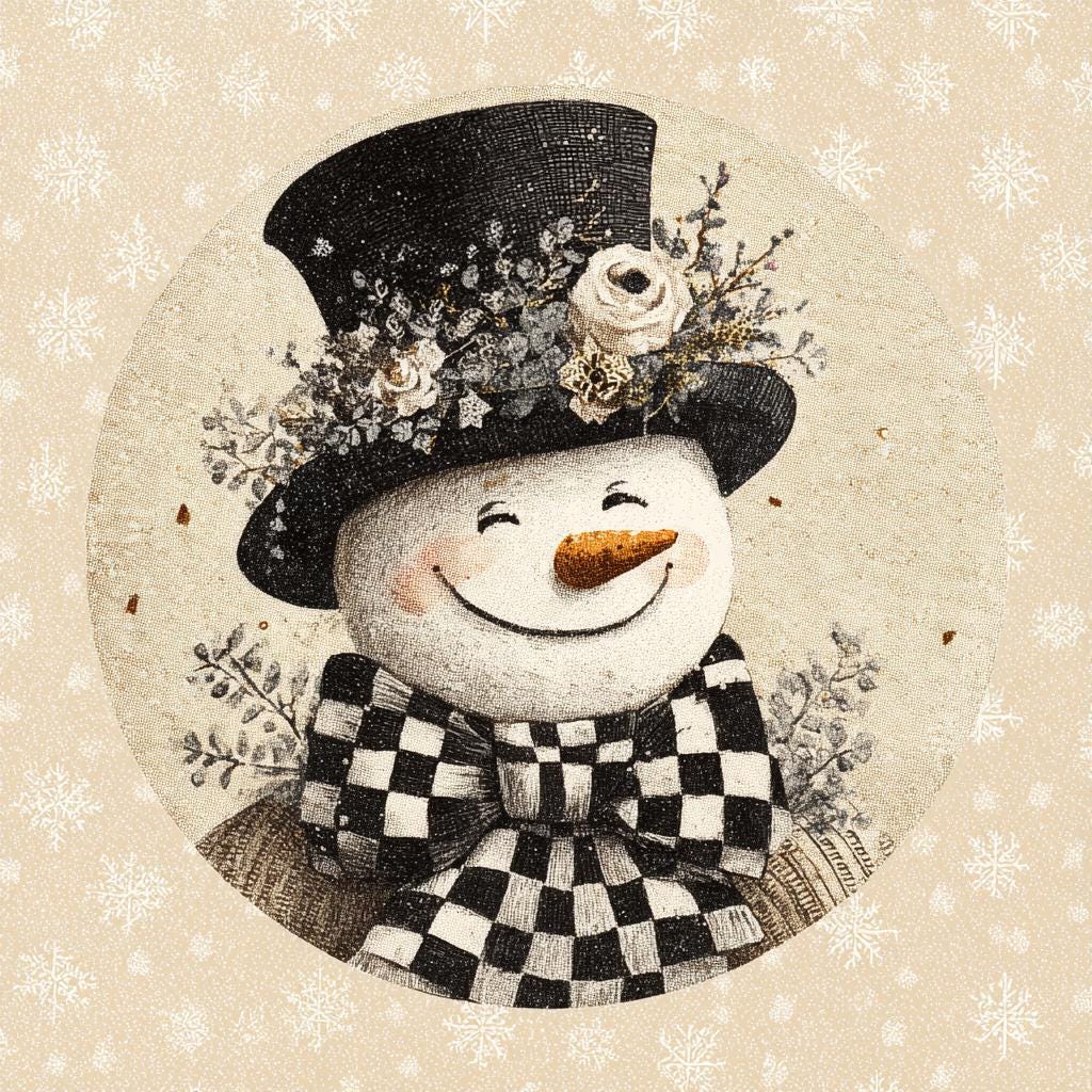 Elegant Snowman PNG Set, Black and White Winter Clipart, Vintage Holiday Illustration, Floral Top Hat Snowman Art - Image 3