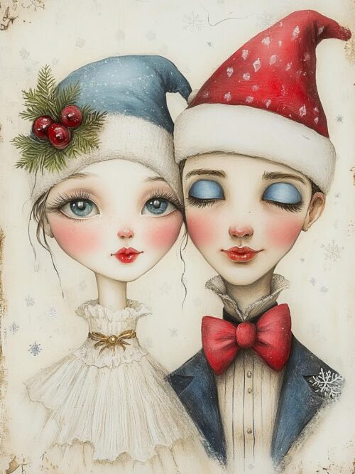 Victorian Christmas Romance, Winter Couple, Holiday Love, Vintage Style, Red Bows and Lace, Festive Elegance, Snowy Kiss, png images