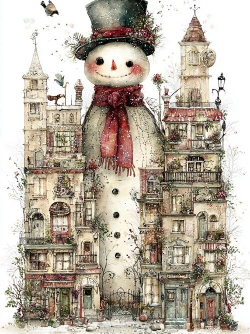 Whimsical Snowman Village PNG Set, Moonlit Winter Town Clipart, Vintage Christmas Illustration, Cozy Holiday Art
