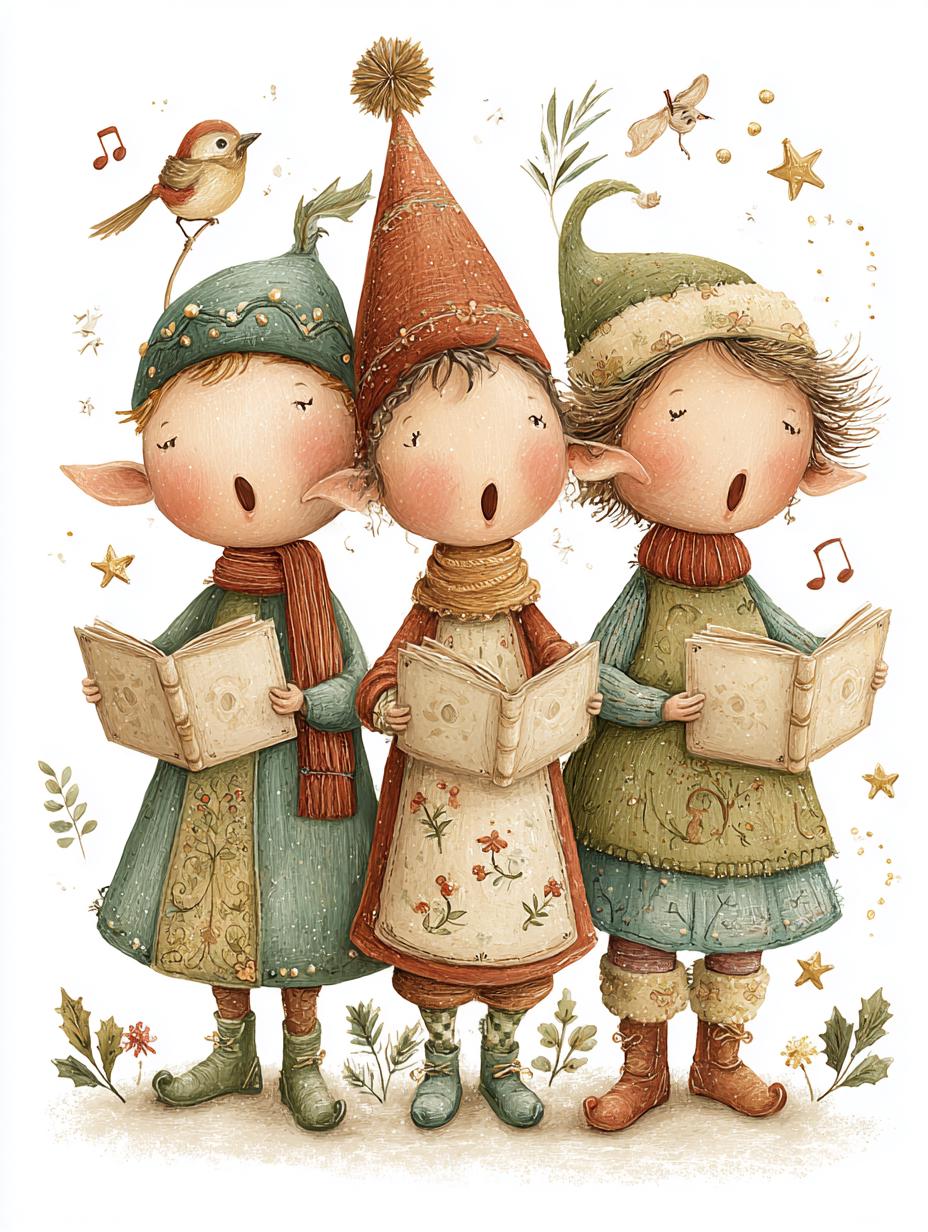 Heavenly Voices, Singing Elves, Christmas Carolers, Whimsical Elf Art, Festive Illustration, Holiday Magic, Winter Joy, PNG Set - Image 3