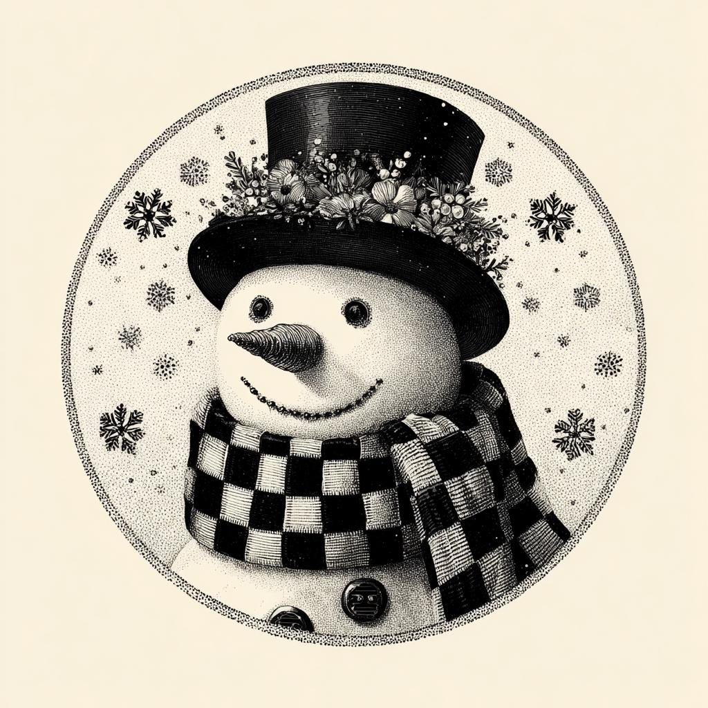 Elegant Snowman PNG Set, Black and White Winter Clipart, Vintage Holiday Illustration, Floral Top Hat Snowman Art - Image 2