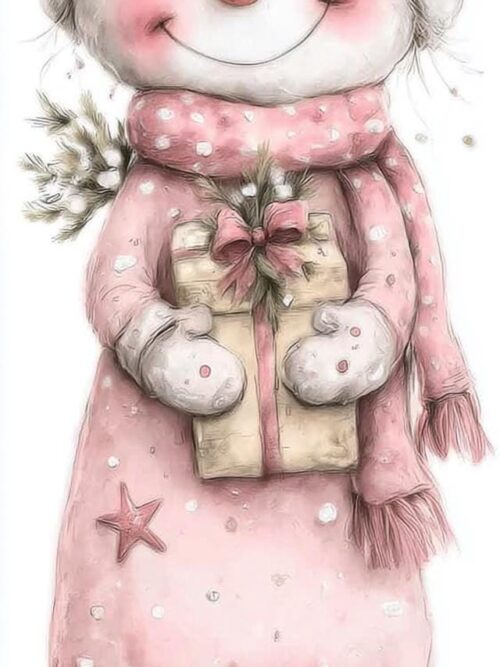 Whimsical Pink Snowman PNG Set, Cute Christmas Snowmen with Gifts and Trees, Soft Pastel Winter Clipart