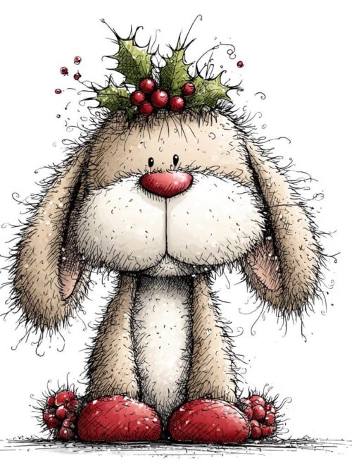 Christmas Bunny Clipart, Cute Winter Rabbit With Holly Crown, Festive Bunny Art, Holiday Animal PNG, Cozy Christmas Illustration