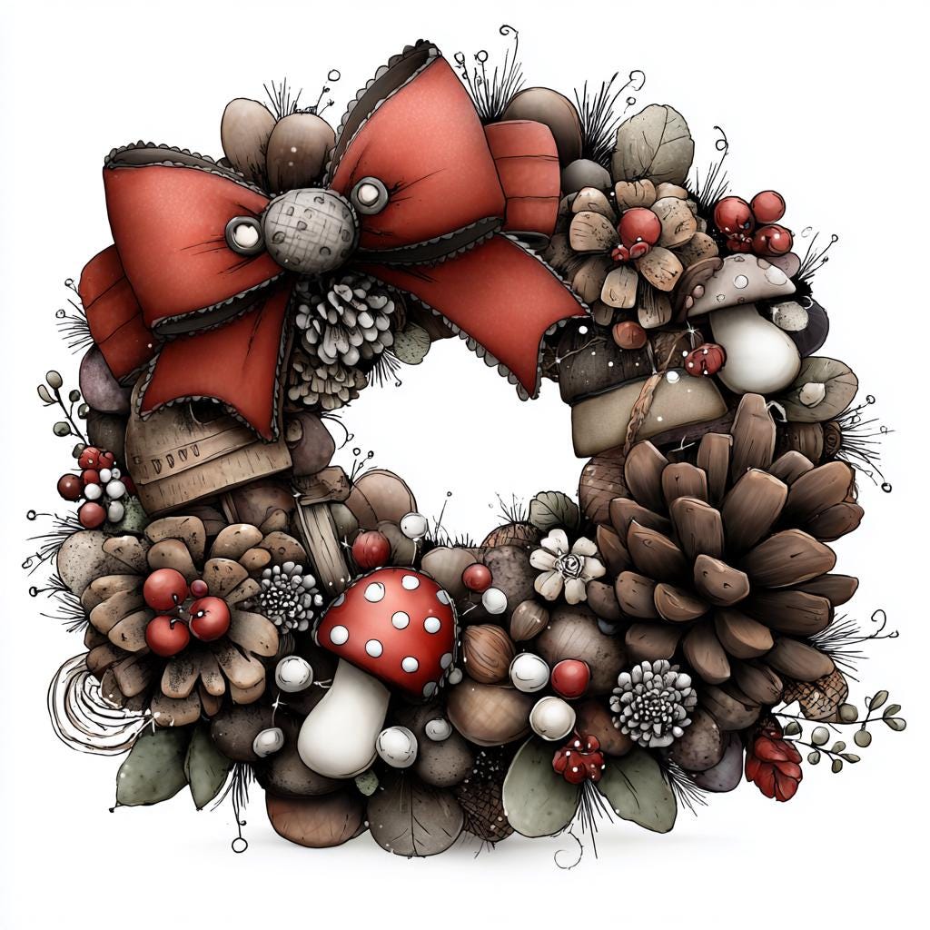 Woodland Christmas Wreath Clipart, Rustic Pinecone and Bow PNG, Hand-Drawn Holiday Wreaths with Mushrooms and Berries - Image 3