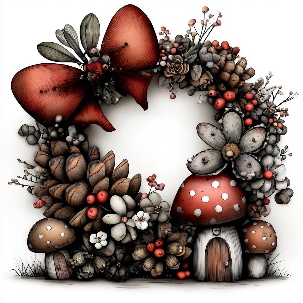 Woodland Christmas Wreath Clipart, Rustic Pinecone and Bow PNG, Hand-Drawn Holiday Wreaths with Mushrooms and Berries - Image 7