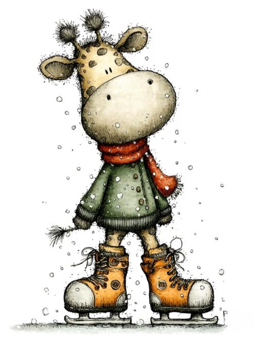 Winter Giraffe Skating Clipart, Cozy Holiday Animal PNG Set, Hand-Drawn Ice Skating Giraffe Illustrations